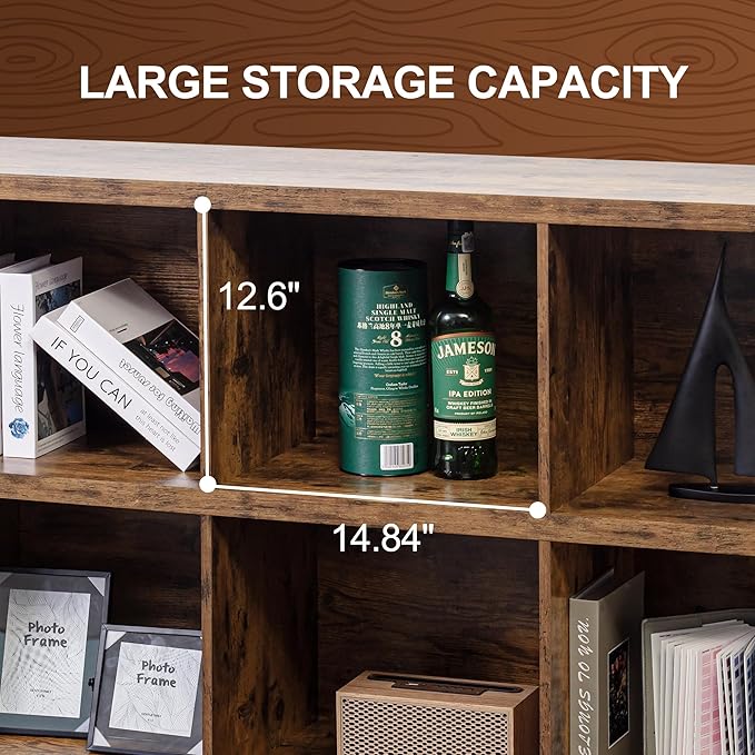 6 Cube Storage Organizer Bookshelf, Industrial Horizontal Bookcase, Accent Cubby Shelf, Media Console Table for Living Room, Home Office, 13.6" D x 47.2" W x 30.9" H, Rustic Brown