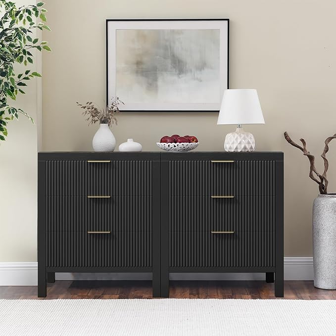 3 Drawer Dresser, Modern Wood Storage Chest of Drawers Organizer with Waveform Panel, Fluted Dresser with Wide Drawers and Golden Handles for Bedroom, Hallway, Entryway, Black