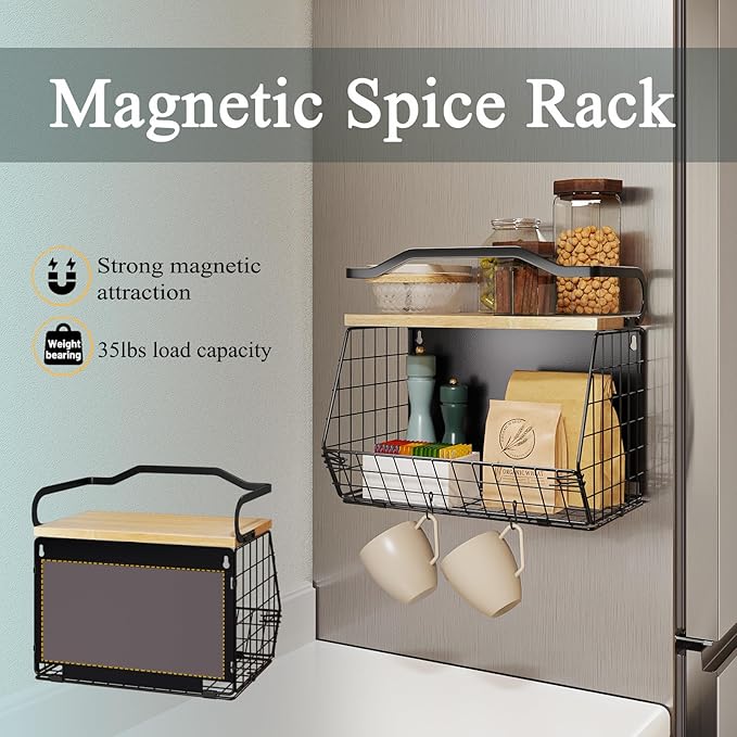 Magnetic Shelf for Fridge with Wood Lid, Fruit Potato and Onion Storage Bins, Magnetic Spice Rack for Refrigerator Large Container Wire Basket for Refrigerator, Kitchen Counter, Cabinet