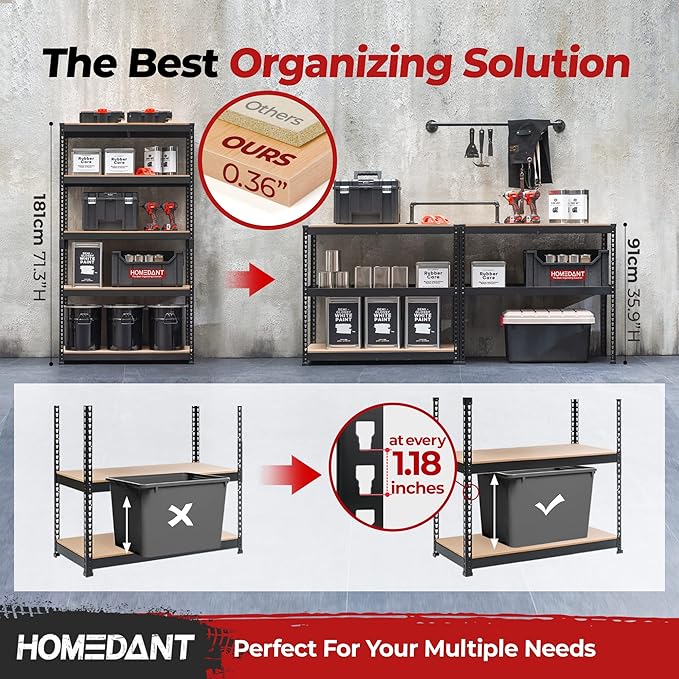 HOMEDANT 5-Tier Laminated Boltless Heavy Duty Metal Shelving Unit Adjustable Garage Storage Utility Rack Shelves Organization Multipurpose Shelf Warehouse Industrial (10, (L) 39.8" W, Black)