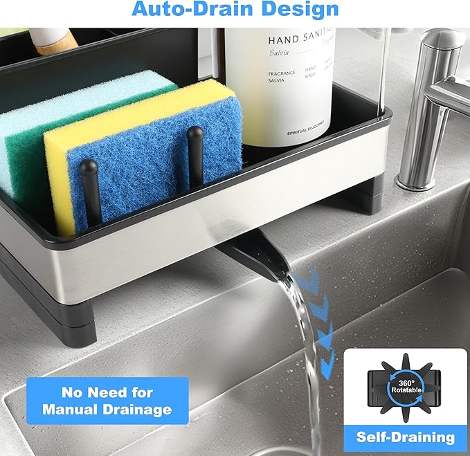 Kitchen Sink Caddy Organizer with Dish Brush Holder, Stainless Steel Sponge Holder with Dish Cloth Rack, Soap Sponge Caddy for Kitchen Countertop Sink Organizer and Storage Essentials
