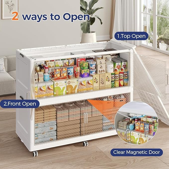 240GAL Extra Large Storage Bins with Lid, 960QT Collapsible Organizer with Wheels, Stackable Closet Cabinet with Doors, Folding Storage Containers for Home, Office, Kitchen, 3Pack White