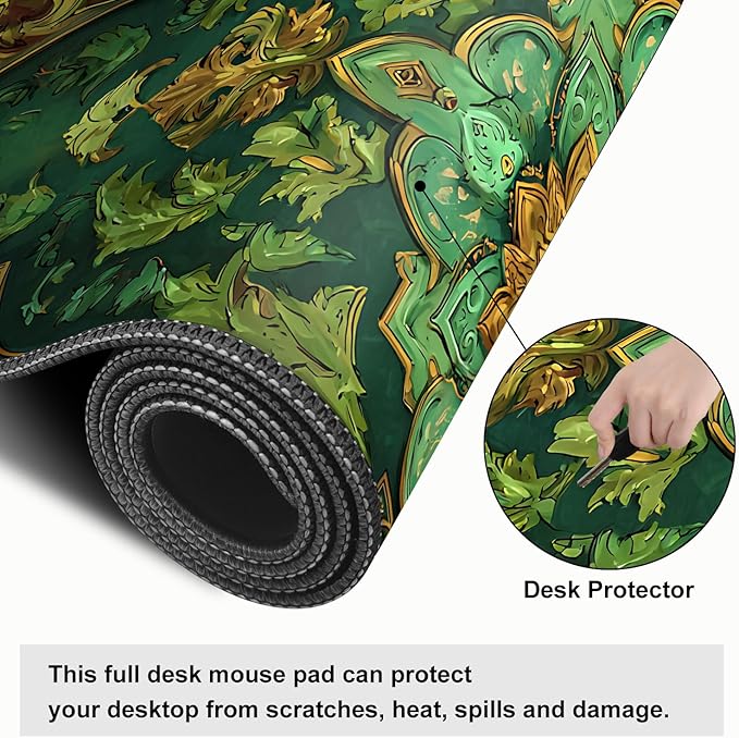 Green Vintage Floral Mouse Pad – Large Extended Desk Mat 31.5 x 11.8 in– Ornate Oriental Carpet Design with Gold & Emerald Motif, Keyboard & Mouse Pad for Office & Home