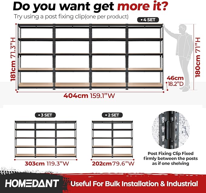 HOMEDANT 5-Tier Laminated Boltless Heavy Duty Metal Shelving Unit Adjustable Garage Storage Utility Rack Shelves Organization Multipurpose Shelf Warehouse Industrial (4, (L) 39.8" W, Black)