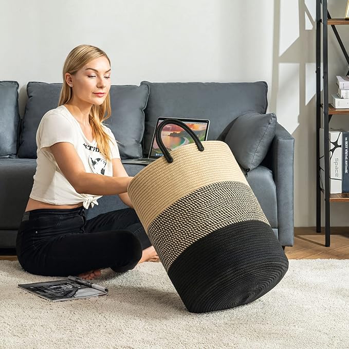 YOUDENOVA Woven Rope Laundry Hamper Basket, 58L Tall Laundry Basket for Blanket Organizer- Clothes Hamper for Bedroom Storage, Baby Kids Nursery Hamper-Large-Black & Brown
