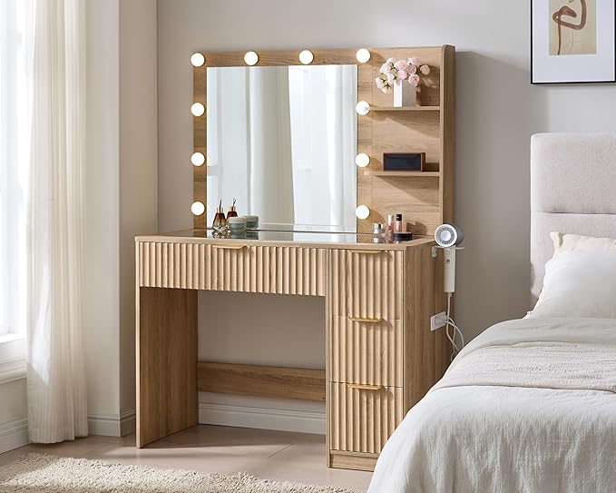 AMERLIFE 36.2" Fluted Vanity Desk with Mirror and Adjustable LED Lights, Large 4 Drawers Makeup Table with Glass Top and Charging Station for Women and Girls, Bedroom or Dorm, Natural Oak