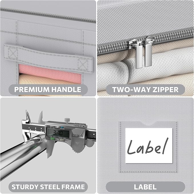 CYhom 3Pack Frame Storage Box - Clothes Storage Bin Bags Oxford Fabric Foldable Stackable Container Organizer Set with Clear Window & Carry Handles Large Capacity (Grey, Small-22L)
