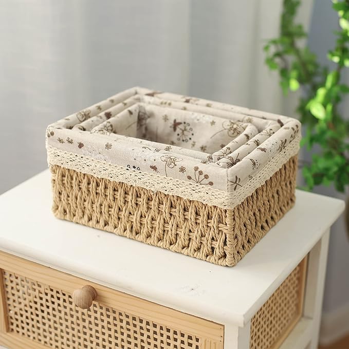 YRMT Storage Baskets Set of 3,Decorative Paper Rope Woven storage Baskets with Liner,Rectangular Storage Bins Container for Makeup Bedroom Shelves Organizing,Home Deco, Beige