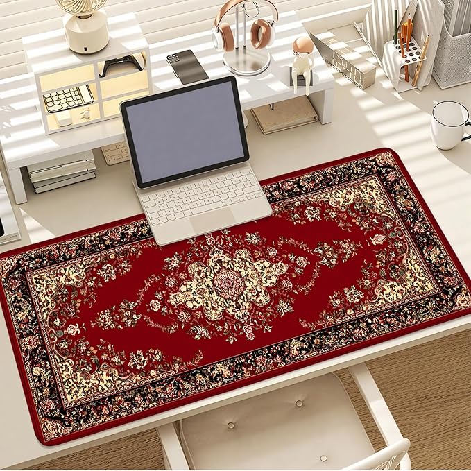 Red Vintage Persian Rug Mouse Pad – Large Extended Desk Mat 35.43 x 15.75 in – Oriental Carpet Design, Non-Slip Rubber Base, Waterproof Surface, Keyboard & Mouse Pad for Office, Gaming, Home