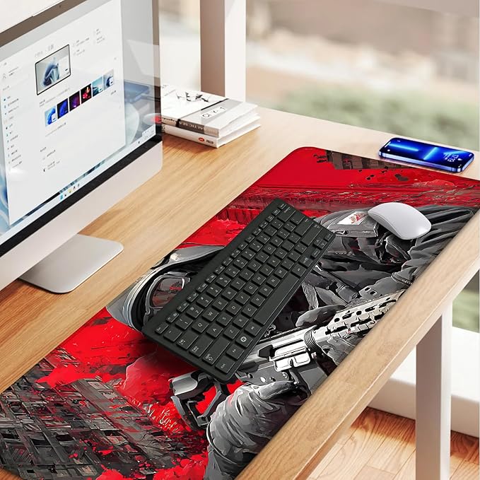 Tactical Soldier Gaming Mouse Pad – 31.5" x 11.8" Extended Desk Mat with Red Urban Battle Scene – Non-Slip Base, Smooth Surface for Gamers & Office Use