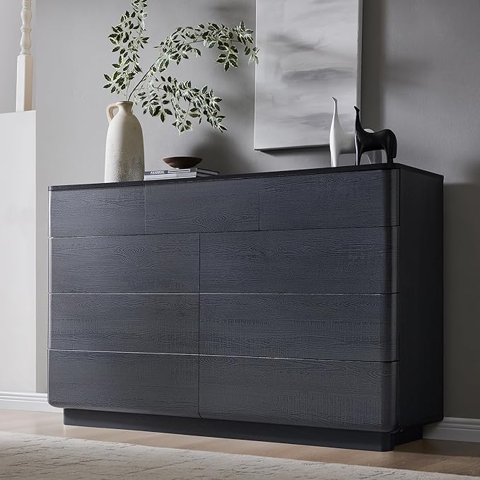 ACCOHOHO Modern 9 Drawer Dresser for Bedroom, 52" Wide Wooden Dressers with Large Storage,Handleless Chest of Drawers TV Stand for Living Room & Hallway, Curved Profile Design, Black