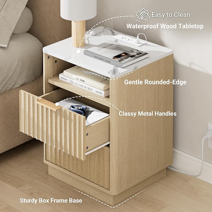 Fluted Night Stand Set 2 with Charging Station, 18" Mid-Century Modern Nightstand with Faux Marble Top, 2 Drawers End Table with Storage for Bedroom Living Room, Curved Profile, Natural Oak