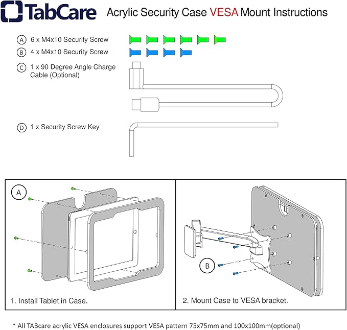 TABcare Anti-Theft Acrylic VESA Enclosure for Apple iPad mini 4/5 8" with Free Wall Mount Kit & 90-Degree Angle Charge Cable (iPad mini 4/5 8", White)