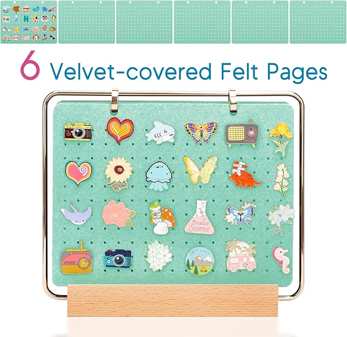 PACMAXI Pin Display Organizers, Brooch Pin Holder, Enamel Pin Display Pages for Store 180+ Pins, Pin Collection Storage Calendar Wooden Stand with 6 Pages (Not Include Any Accessories)（Green）