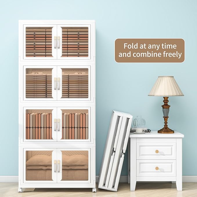 Large Clear Stackable Storage Bins with 2 Lids, Foldable Storage Cabinet for Closet Organizers and Storage, Plastic Storage Box with Wheels 942 QT