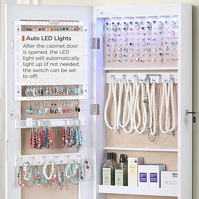 GISSAR Full Length Mirror Jewelry Cabinet, 6 LEDs Jewelry Armoire Wall Mounted Over The Door Hanging, Jewelry Organizer Storage with Lights Lockable, White Surface with Beige Lining, 14.6" x 47.2"