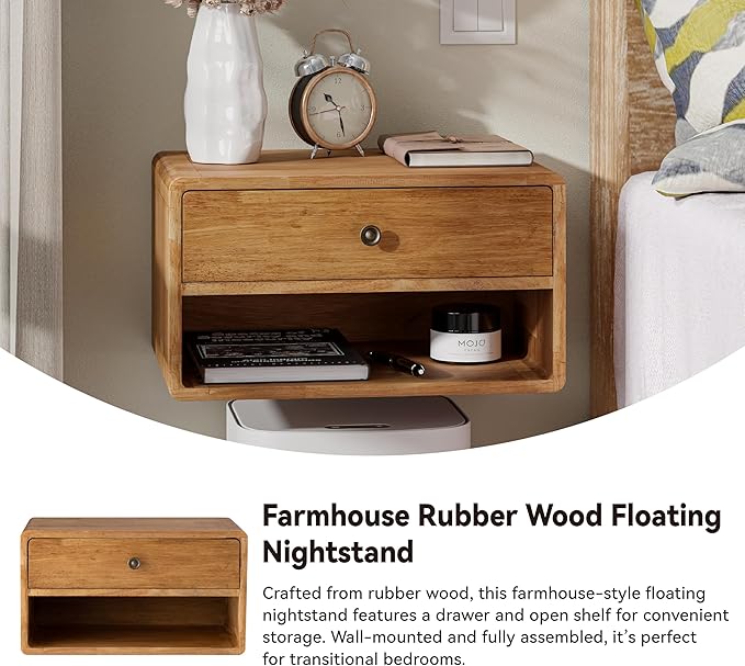 COZAYH Farmhouse Rubber Wood Floating Nightstand with Drawer and Open Shelf, Transitional Wall Mounted Side Table with Open Slot for Bedroom, Fully Assembled (Natural)