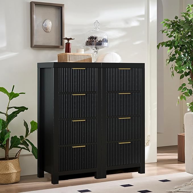 Mid-Century Modern Tall Wooden Dresser with 8 Spacious Drawers, Entryway Storage Chest with Smooth Metal Handles, Bedroom Clothes Organizer for Entryway, Office, and Small Spaces, Black X2