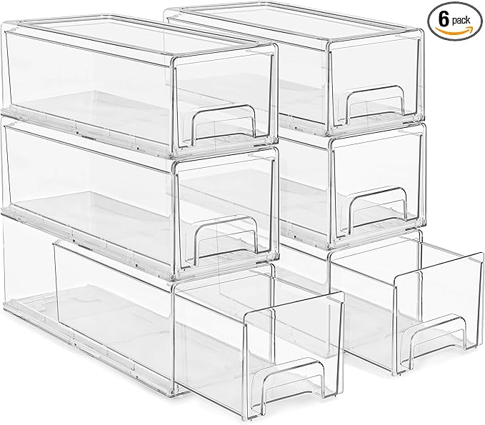 Sorbus Small Clear Stackable Storage Drawers – 6-Pack Plastic Organizer Bins with Handles – Stackable Pull-Out Storage Drawers for Closet, Pantry, Office, Bathroom, Craft, and Toy Organization