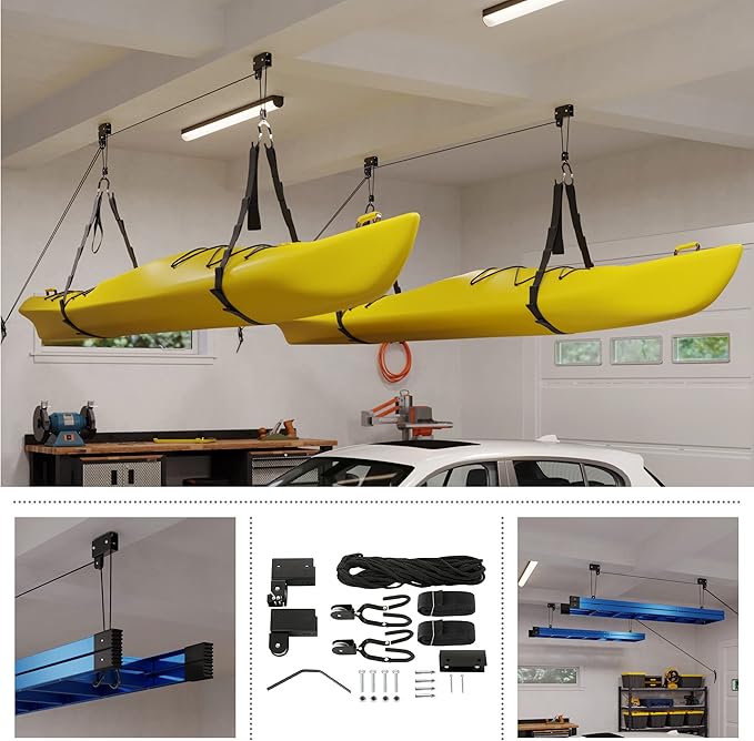 RAD Sportz Kayak Storage Hoists - Overhead Pulley Hoist Systems with 125lb Capacity Each for Canoes, Bikes, Ladders, and More
