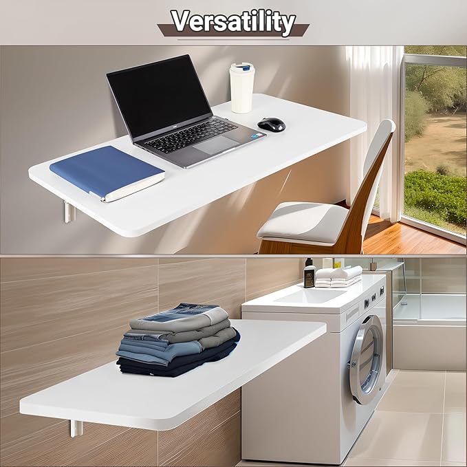 Wall Mounted Folding Table 39.4”L x 19.7”W, Laundry Folding Table with Heavy Duty Metal Collapsible Shelf Brackets, Wall Mounted Desk Fold Down for Small Spaces, White