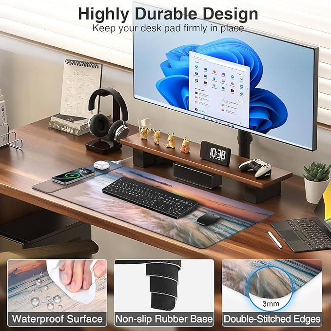 Wireless Charging Mouse Pad, 31.5"x15.8" Large Gaming Desk Mat for Keyboard/Laptop, Waterproof Ultra-Smooth Surface, Non-Slip Base, Beach Sunset