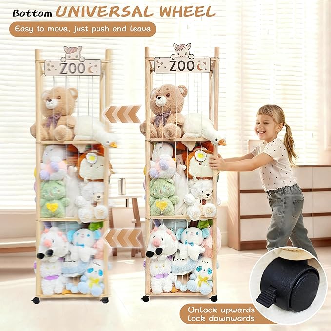 Stuffed Animal Storage Organizer, 55In Large Wooden Zoo Toy Storage Holder with Brake Wheels & Elastic Band, Space Save Stuffy Plushies Organizers for Playroom, Bedroom and Nursery