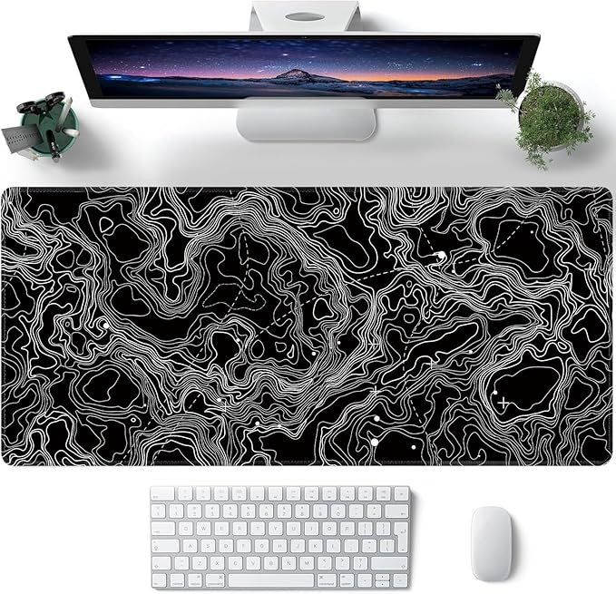 Black with White Topographic Line Large Mouse Pad,Gaming Keyboard Desk Pad,Extended Mouse Mat Non-Slip Rubber Base with Stitched Edges for Office Game Home XXL 35.4"x15.7"
