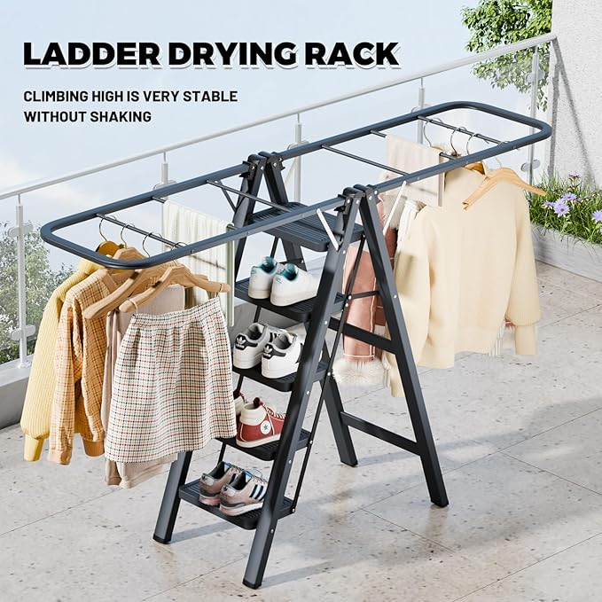 Multi-Functional 5 Step Ladder Used as Clothes Drying Rack,Sturdy Carbon Steel Ladder,Widened Pedal,Foldable & Portable Clothes Drying Rack, Space-Saving Design Indoor&Outdoor Drying (Black)