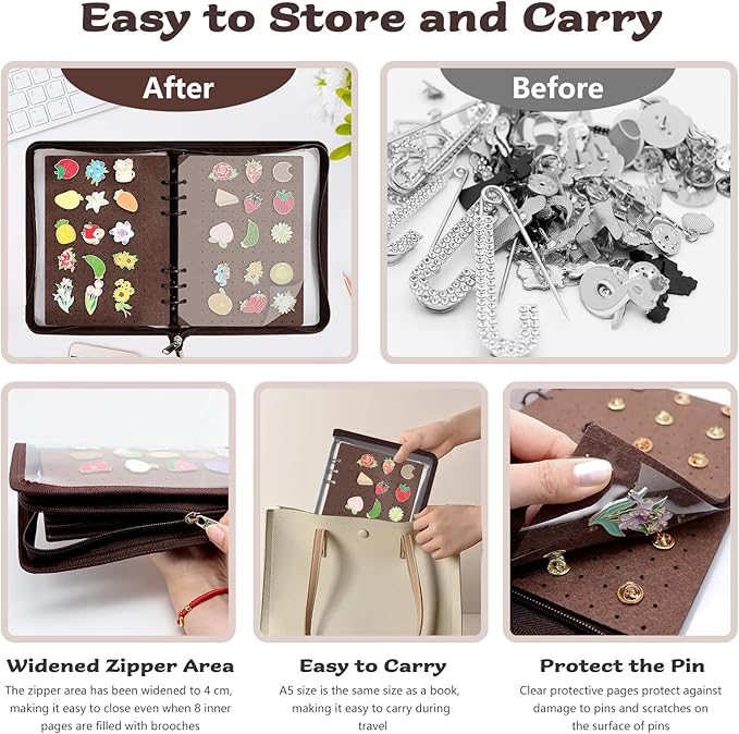 Enamel Pin Display Book Pin Collection Binder Holder Trading Book with 8-Page Display Boards A5 Brooch Pin Storage Organizer Binder Album for Travel Collectors (Dark Brown)