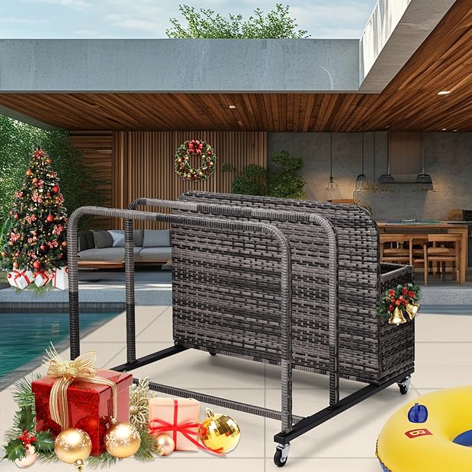 Poolside Float Storage Organizer,Pool Toy Storage Holder with Wicker Basket Outdoor Pool Float Holder Rack Rolling Poolside Caddy Cart Raft Rack for Pool Noodle Equipment Mixed Grey
