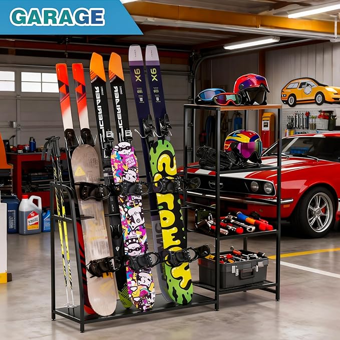 Ski-Snowboard Storage Rack Holder - Freestanding Ski Equipment Organizer Snowboard Boot Stand Garage Gear Storage