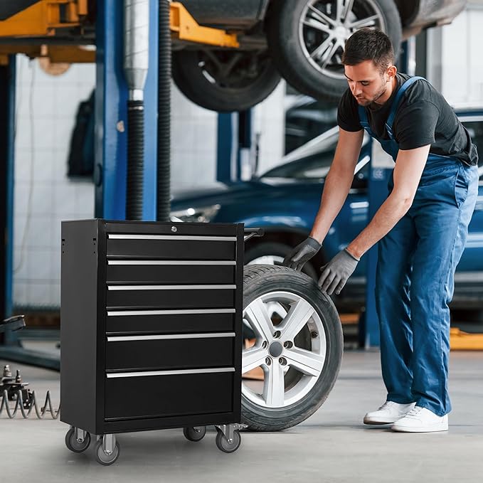 6-Drawer Rolling Tool Chest Cabinet, Large Capacity Metal Tool Box with Wheels and Locking, Roll Around Storage Organizer Tool Cart for Garage, Warehouse, Work Shop - Black