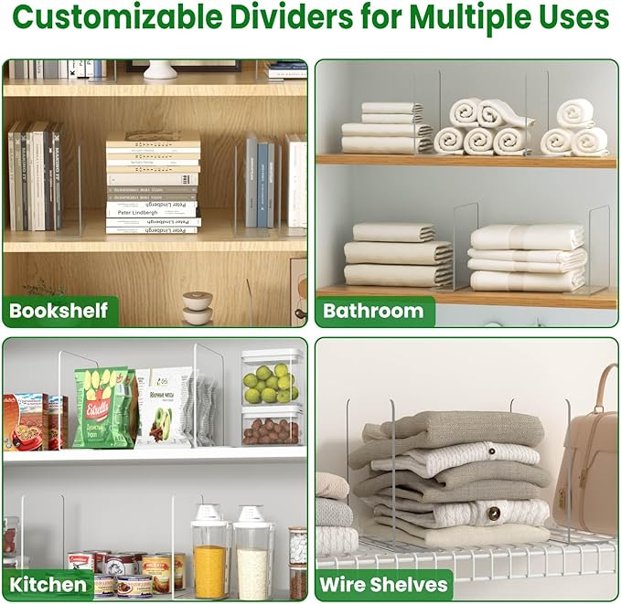 Shelf Dividers for Closet Organization: 4 Pack 10" Tall X 8.4" Deep Acrylic Clear Vertical Shelves Separators - Adhesive Adjustable Easy to Install Remove - Handbags/Clothes/Towel Storage