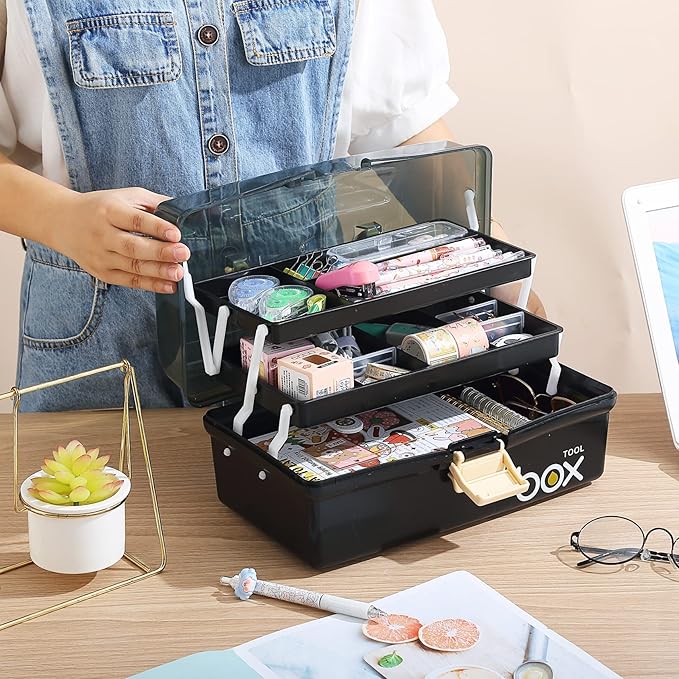 2PCS 12'' Three-Layer Clear Plastic Storage Box/Tool Box, Multipurpose Organizer and Portable Handled Storage Case for Art Craft and Cosmetic (Black)