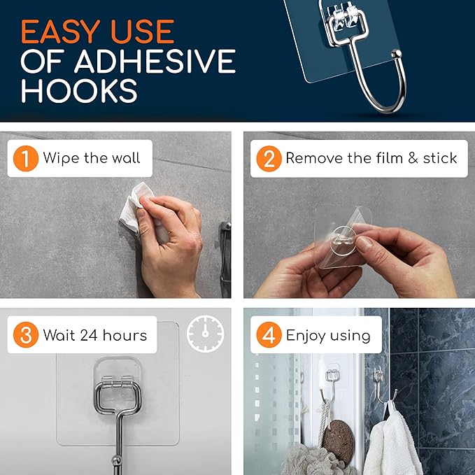 GLUIT Adhesive Large Wall Hooks for Hanging Heavy Duty 22 lbs Hooks for Walls No Damage, Towel Sticky Clear Hooks, Waterproof, Home, Bathroom, Kitchen, Office, and Outdoor 40 Pack
