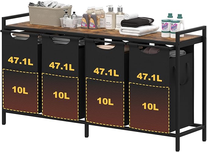 Heybly Laundry Hampers, 4 X 12.5 Gal Laundry Basket with Large Desktop Sorter for Laundry Room organization, Bathroom and Dorm Laundry Bags on Storage Shelf, Rustic Brown HLH004SR