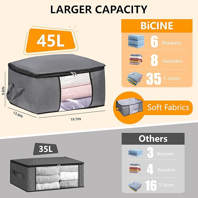 8 Pack Clothes Storage Bags with Zipper, 45L Foldable Blanket Storage Bag with Clear Window Sturdy Handles for Closet, Dorm, Pillows, Bedding, Sheet, Comforter, Gray