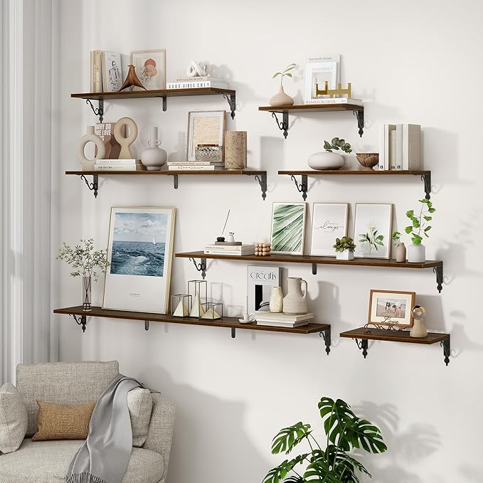 36 Inches Floating Shelves, Rustic Long Wall Shelves, 8 Inch Deep Book Shelf Wall Mounted with Bracket, Wide Display & Storage Shelves for Living Room, Bathroom, Bedroom, Walnut, Set of 2