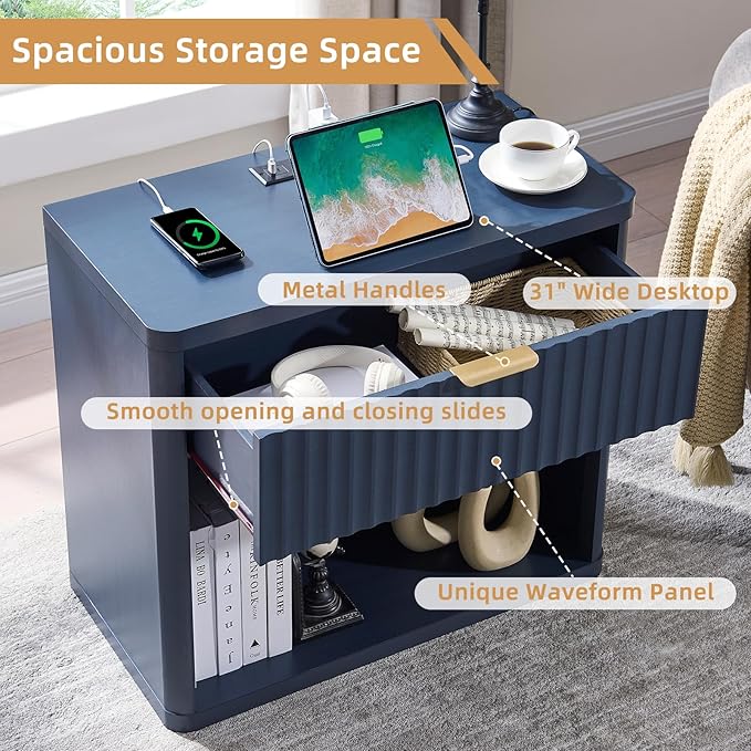 LEYAOYAO 31" Wide Fluted Nightstand Set of 2 with Charging Station, Oversized Extra Large 1 Drawer Night Stand with Golden Handle, Blue Wood Bedside Table Tall End Tables,for Bedroom, Living Room