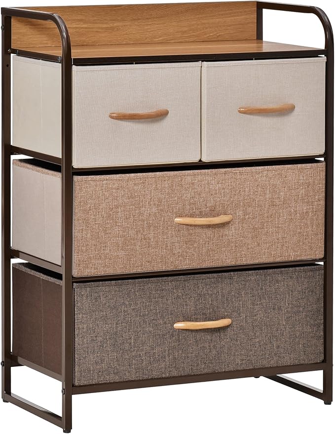 HOMCOM 4-Drawer Dresser, Fabric Chest of Drawers, 3-Tier Storage Tower with Steel Frame and Wooden Top for Bedroom, Nursery Room, Multicoloured