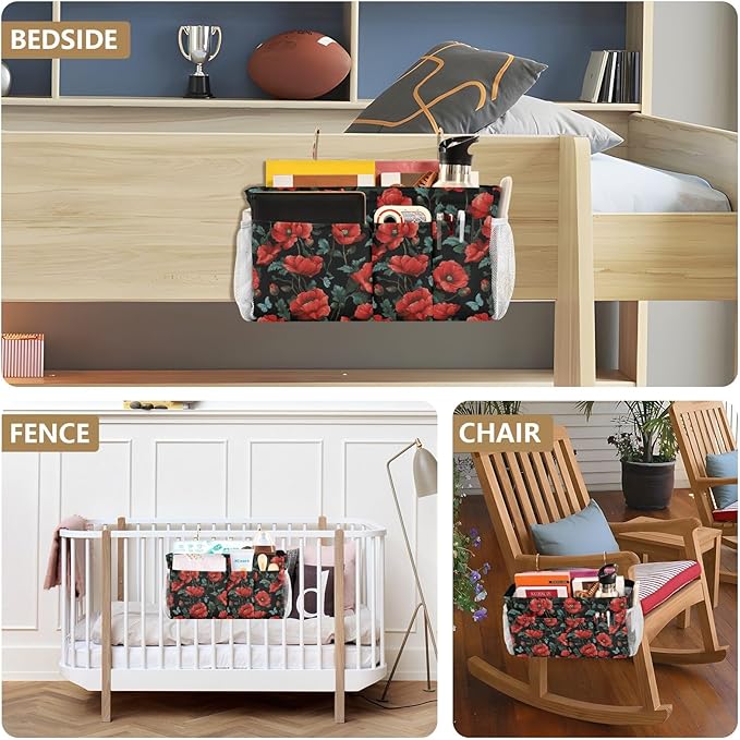 Poppy Butterfly Leaf Bedside Caddy for Dorm Bed Bedside Hanging Caddy Bag Iron Frame Storage Organizer Pocket for Bunk Home College Hospital Beds 2 Hooks