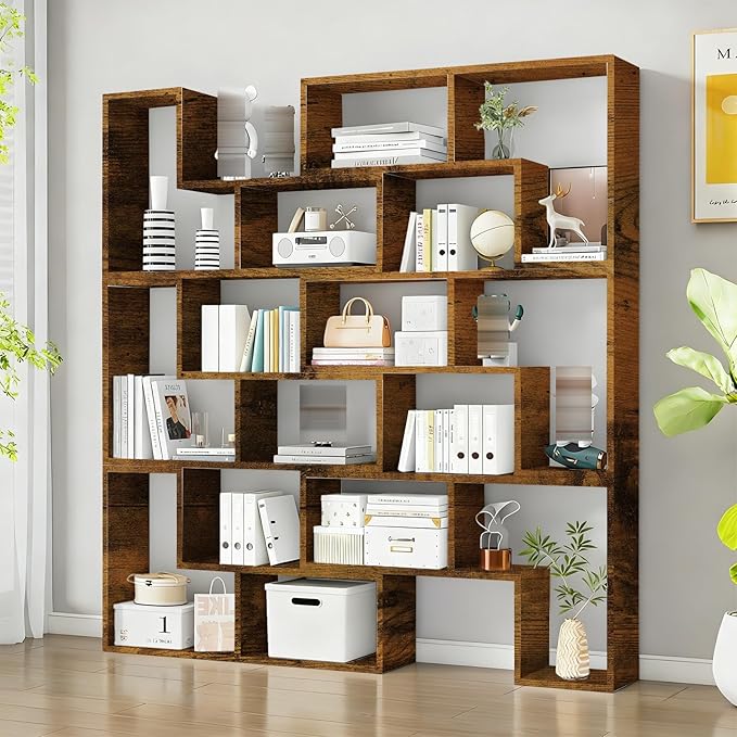 Expandable Bookcase with Adjustable Width,Wooden Room Divider Bookshelf,Standing Display Storage Organizer for Living Room,Study Room or Home Office