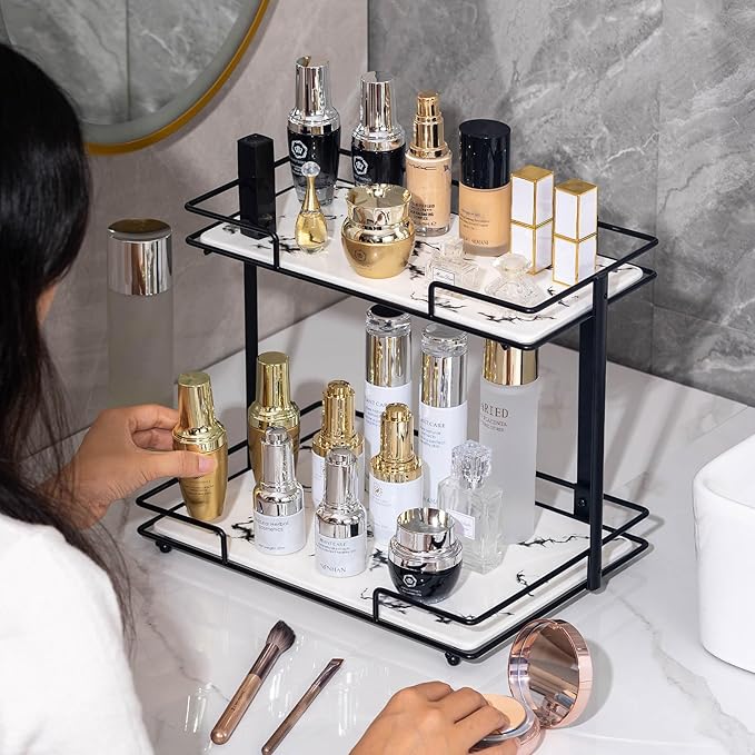 2 Tier Bathroom Cabinet Countertop Organizer Perfume Lipstick Makeup Organizer Cosmetics Storage Display Rack Vanity Tray Metal Dresser Storage Shelf White Marble Ceramic Tray Black
