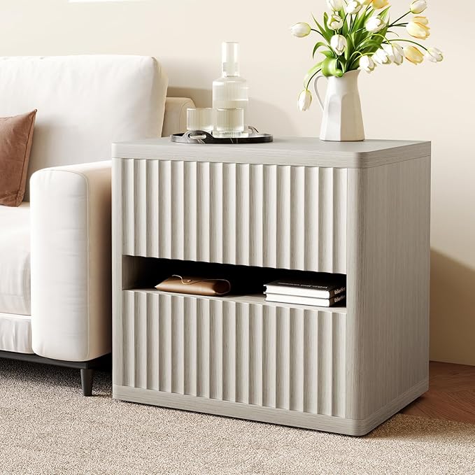 Dripex Fluted Nightstand with 2 Drawers, Large Wide Wood Night Stand Bedside Table for Bedroom, Mid-Century Modern Storage Bed Side Table, End Table for Living Room Sofa Couch, Gray Oak