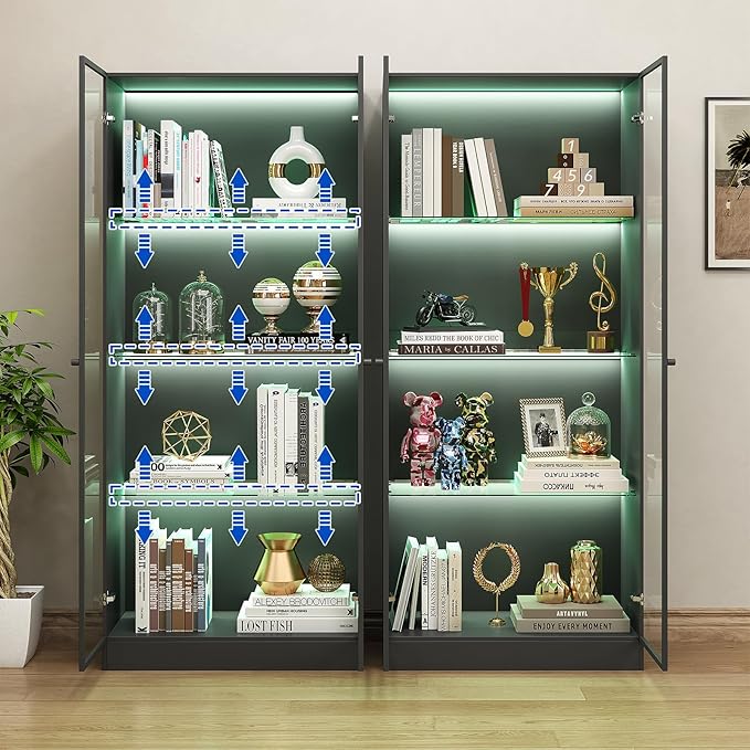 Display Cabinet with LED Lights, Display Case with 4-Tier Glass Shelves & 2 Glass Doors, Curio Cabinet for Collectibles, Living Room