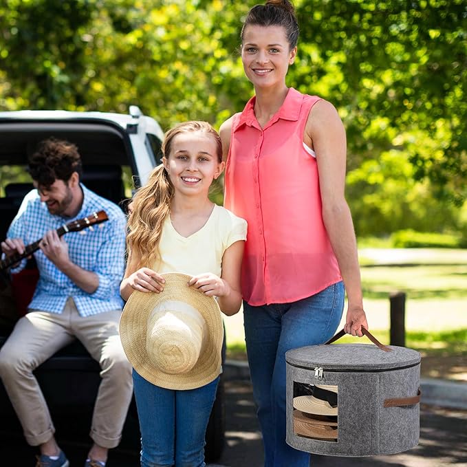 Lifewit Round Cowboy Hat Box for 7 Caps, Large Felt Hat Organizer Bag for Men & Women Storage, Baseball Cap Container with Dustproof Lid for Travel, Foldable 16.5" D x 10.6" H Carrier, 2 Pack, Gray