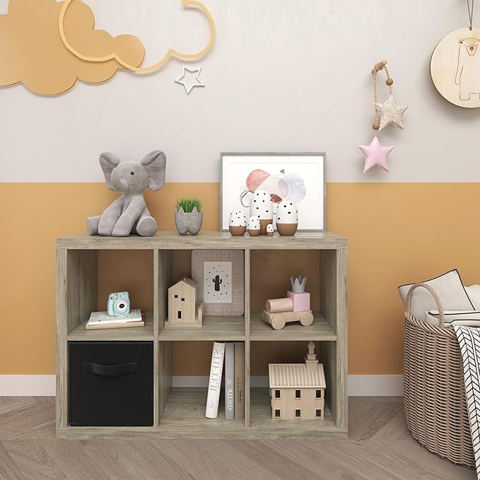 Bookshelf Cube Storage Organizer, 6-Cube Shelf Bookcase with Storage Bin, Modern Wood Open Shelf for Living Room, Bedroom, Home Office,Gray Oak