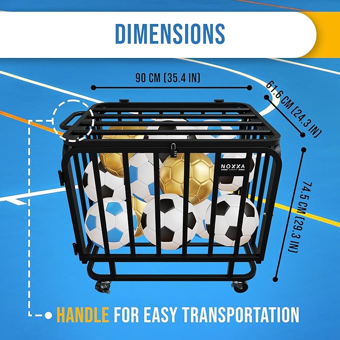 Ball Cart - Basketball Cart with Wheels, Ball Cage Garage Sports Equipment Organizer, Metal Rolling Multi Sports Ball Storage for Gym, Lockable Lid, Indoor and Outdoor.