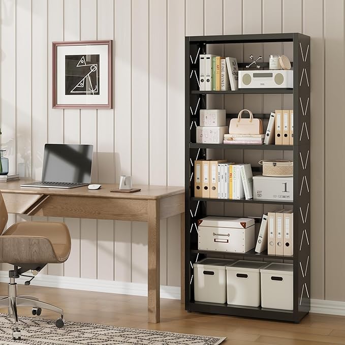 Industrial Bookshelf,5 Tier Bookcase,55" Black Metal Tall Bookshelf with Adjustable Feet and Adjustable Shelves,Home Office Bookcase Shelf Storage Organizer for Living Room、Kitchen